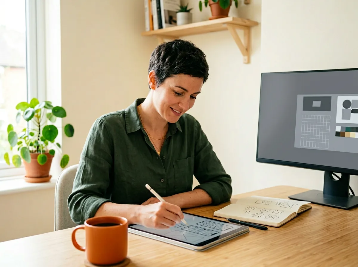 UI designer sketching mobile wireframes on an iPad next to a monitor running Figma