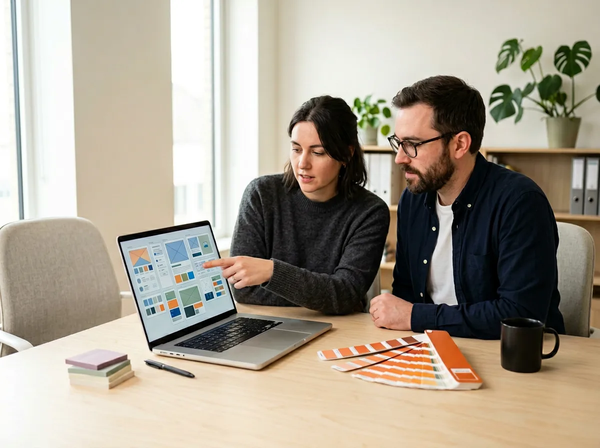 Two designers reviewing UI mockups on a laptop with color swatches and sticky notes