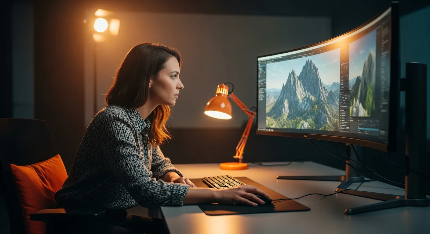 Unreal Engine 5 developer reviewing UE5 World Partition environment editor on large workstation monitor