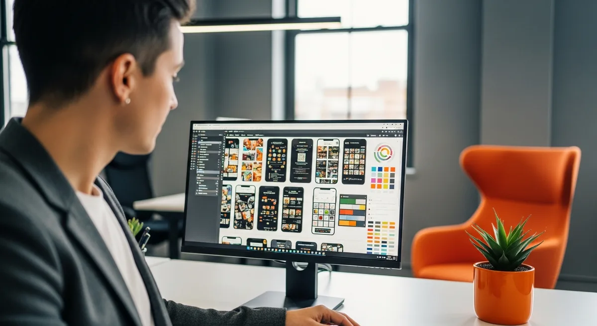 Senior UX designer reviewing a design system component library and mobile app mockups on a large monitor