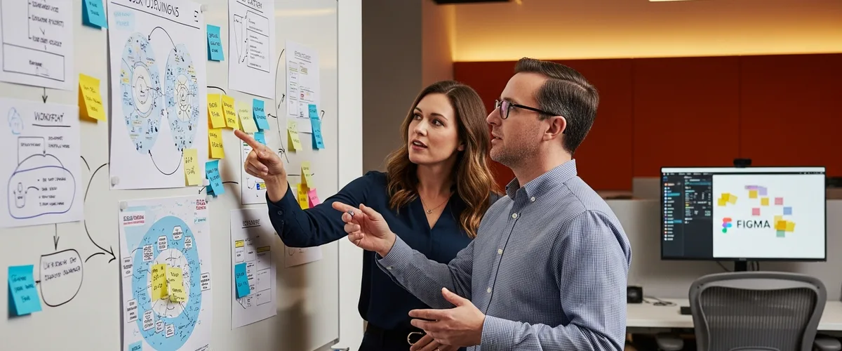 Two UX designers collaborating on a product whiteboard covered in user journey maps and sticky notes