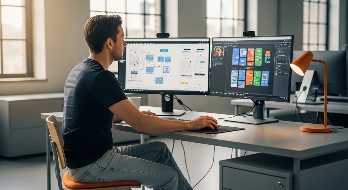 UX designer reviewing wireframes and Figma prototypes on dual monitors at a modern creative studio workstation