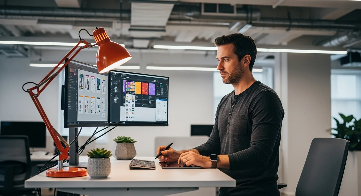 Senior UX designer building design system components on dual ultrawide monitors at a standing desk