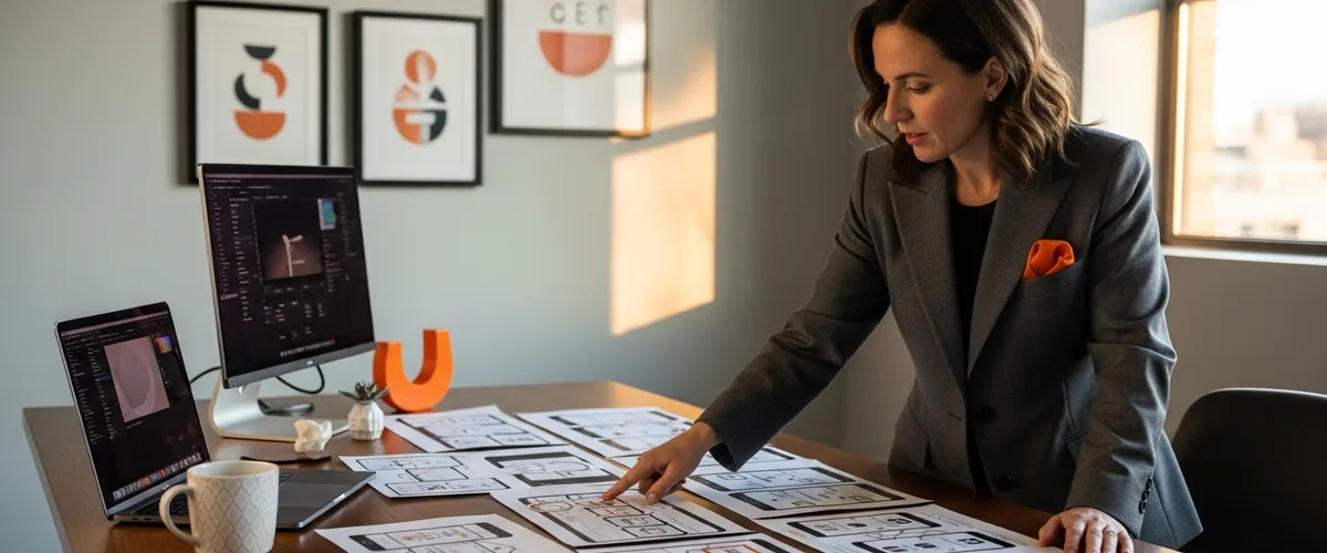 UX Designer Salary Guide 2026 featured image showing creative director reviewing portfolio