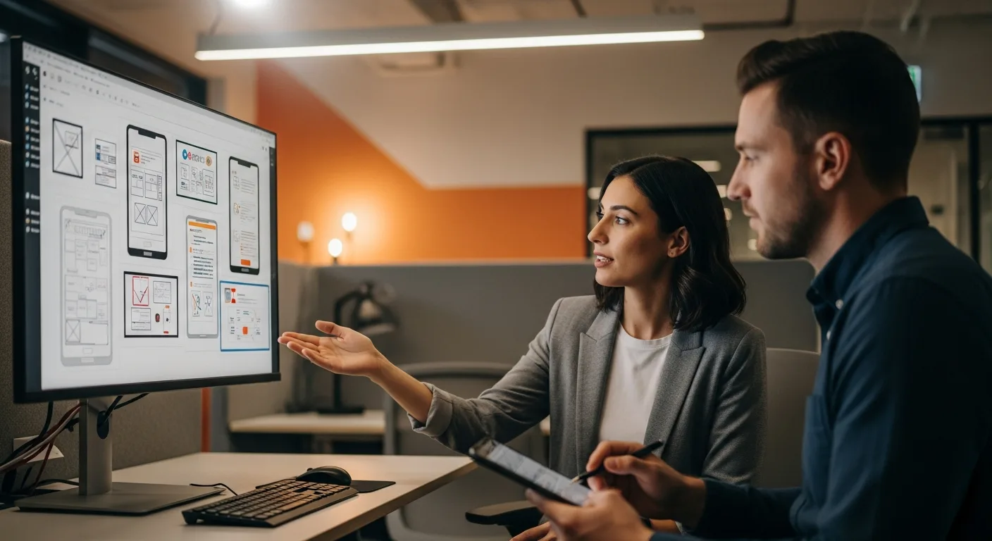 UX designer and hiring manager reviewing a digital design portfolio on a large monitor during an interview