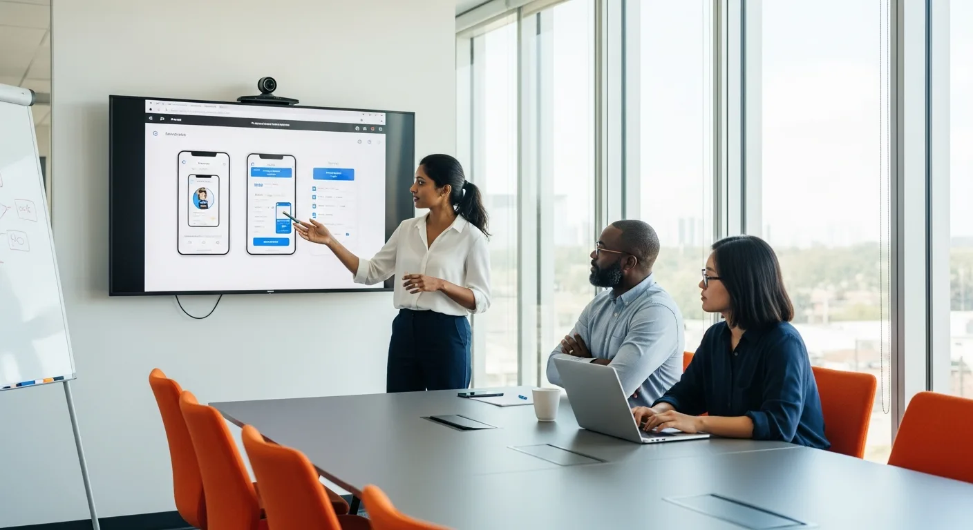 Product design team reviewing a mobile app prototype in a glass-walled conference room