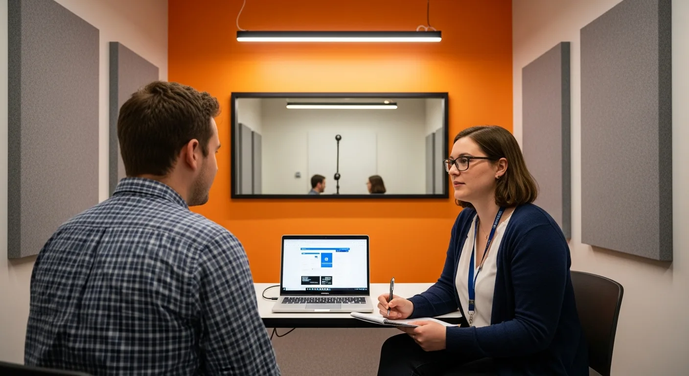 UX researcher conducting a usability testing session with a participant in a modern lab