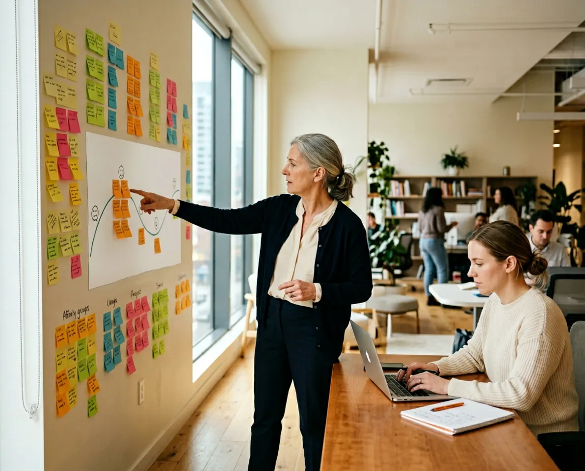 UX designer leading a research synthesis session with sticky notes and a journey map on the wall