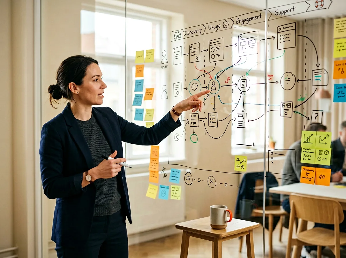 UX researcher diagramming a service blueprint on a whiteboard with sticky notes and journey arrows
