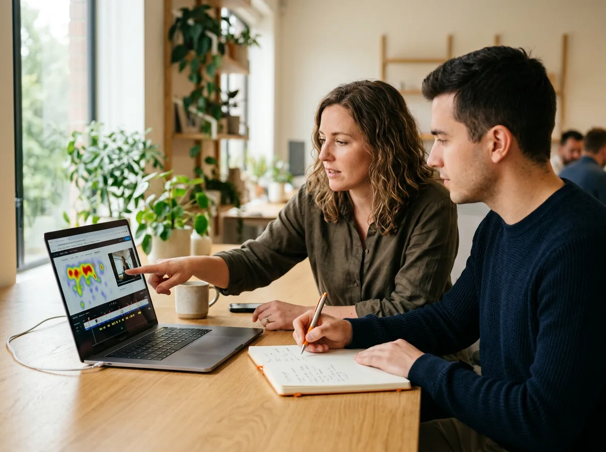 Two UX designers reviewing a usability test recording and synthesis notes on a laptop