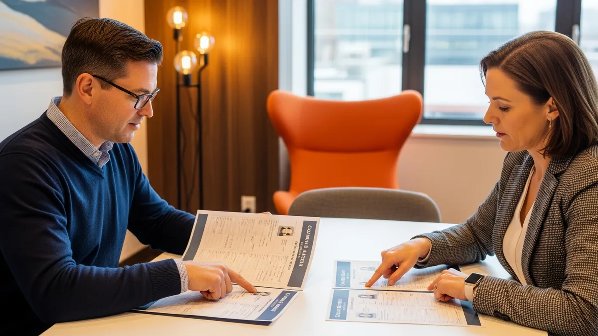 Hiring manager and KORE1 recruiter reviewing a printed candidate scorecard at a conference table before first interview
