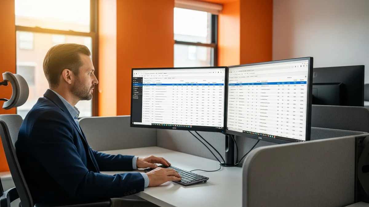 Senior KORE1 recruiter at workstation reviewing candidate scoring dashboard showing multi-vector RAG screening scores