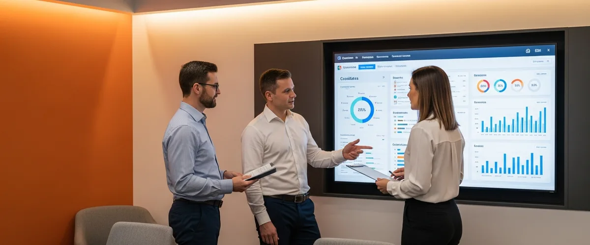KORE1 recruiting team reviewing candidate evaluation dashboard during a candidate screening huddle in a modern conference room
