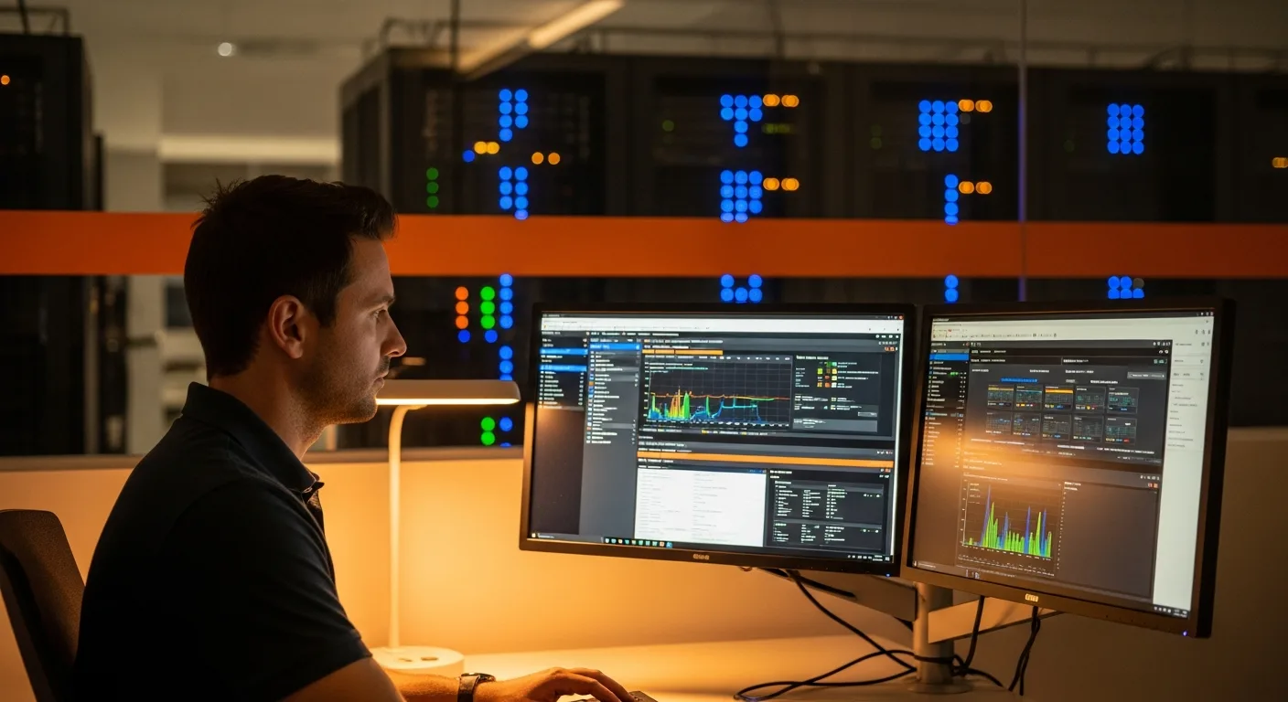 Cloud infrastructure engineer monitoring VMware vSphere dashboards at dual-monitor workstation during Broadcom layoffs 2026