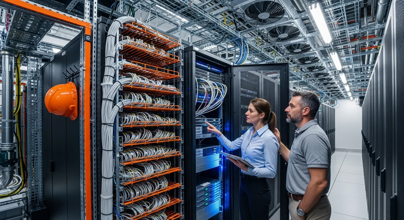 Infrastructure team inspecting server hardware during VMware-to-alternative hypervisor migration project in enterprise data center