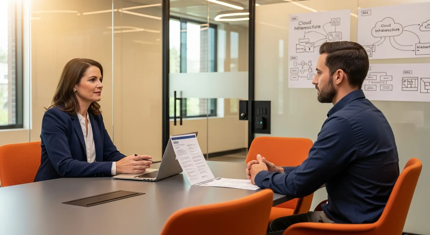 Hiring manager interviewing displaced VMware cloud engineer in modern conference room after Broadcom acquisition layoffs
