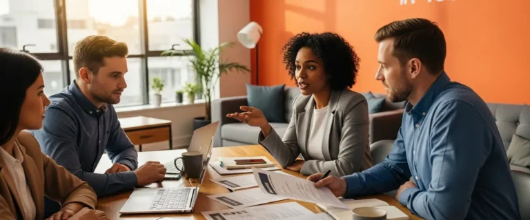 Diverse KORE1 staffing agency team collaborating in a modern office with orange accent wall, reviewing candidate resumes together