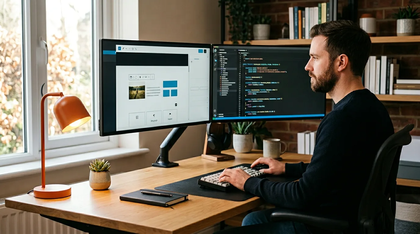 WordPress developer at a dual-monitor workstation with the WordPress admin dashboard and block editor code visible in a modern office