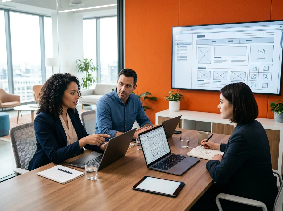 Hiring team planning a WordPress CMS project around a conference table with laptops showing site architecture and content strategy wireframes