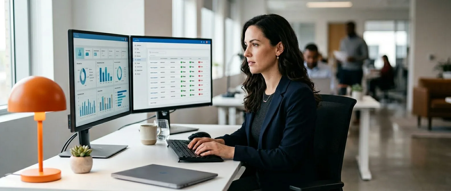 Workday consultant reviewing an HCM analytics dashboard and an integration monitor on a dual-screen workstation
