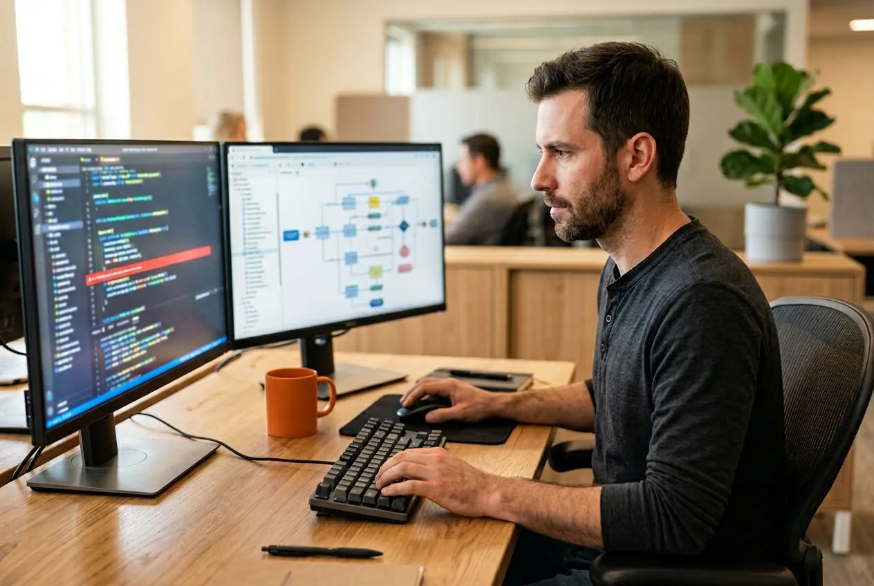 Workday Studio developer debugging an EIB outbound integration at a dual monitor with connector XML and a transaction log