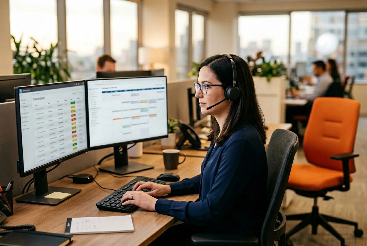 Workday AMS team at a dual monitor workstation triaging a production support ticket and a monthly release backlog