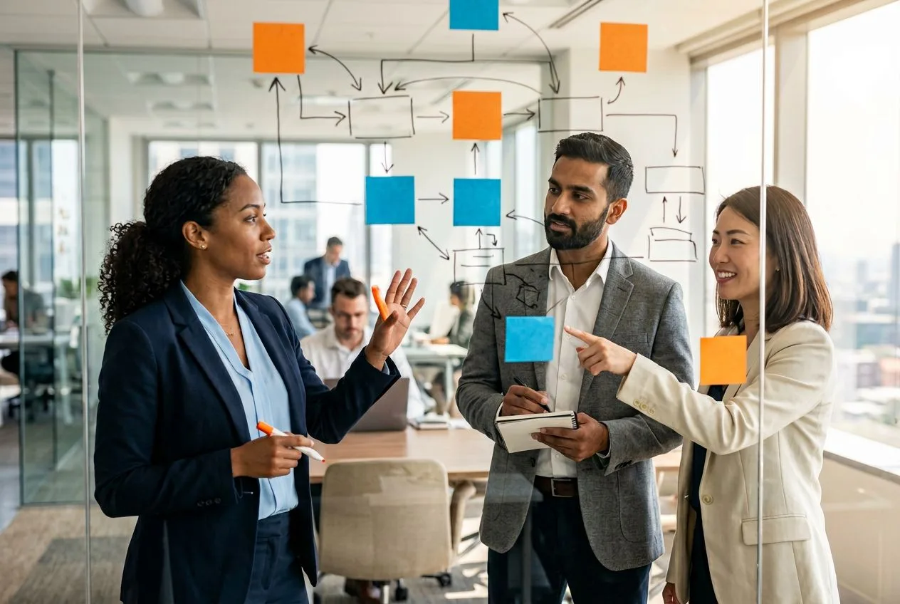 Workday functional and integration consultants at a whiteboard mapping an HCM-to-Financials business process