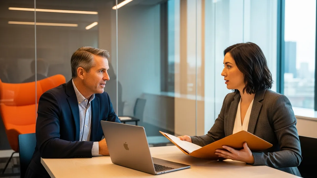 Hiring manager interviewing workforce analytics candidate at conference room desk