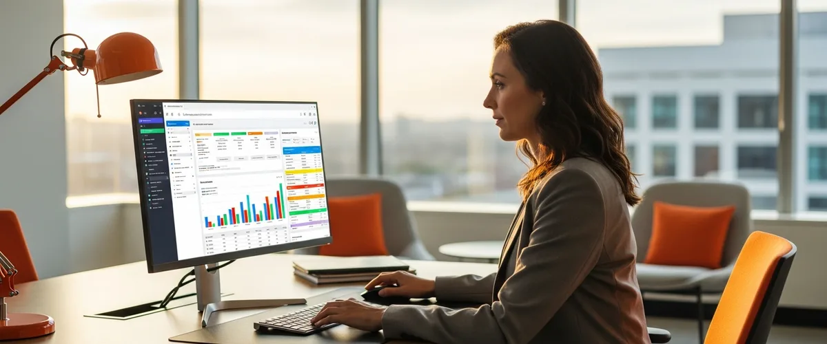 Chief human resources officer reviewing a workforce analytics dashboard on a large monitor in a modern executive office