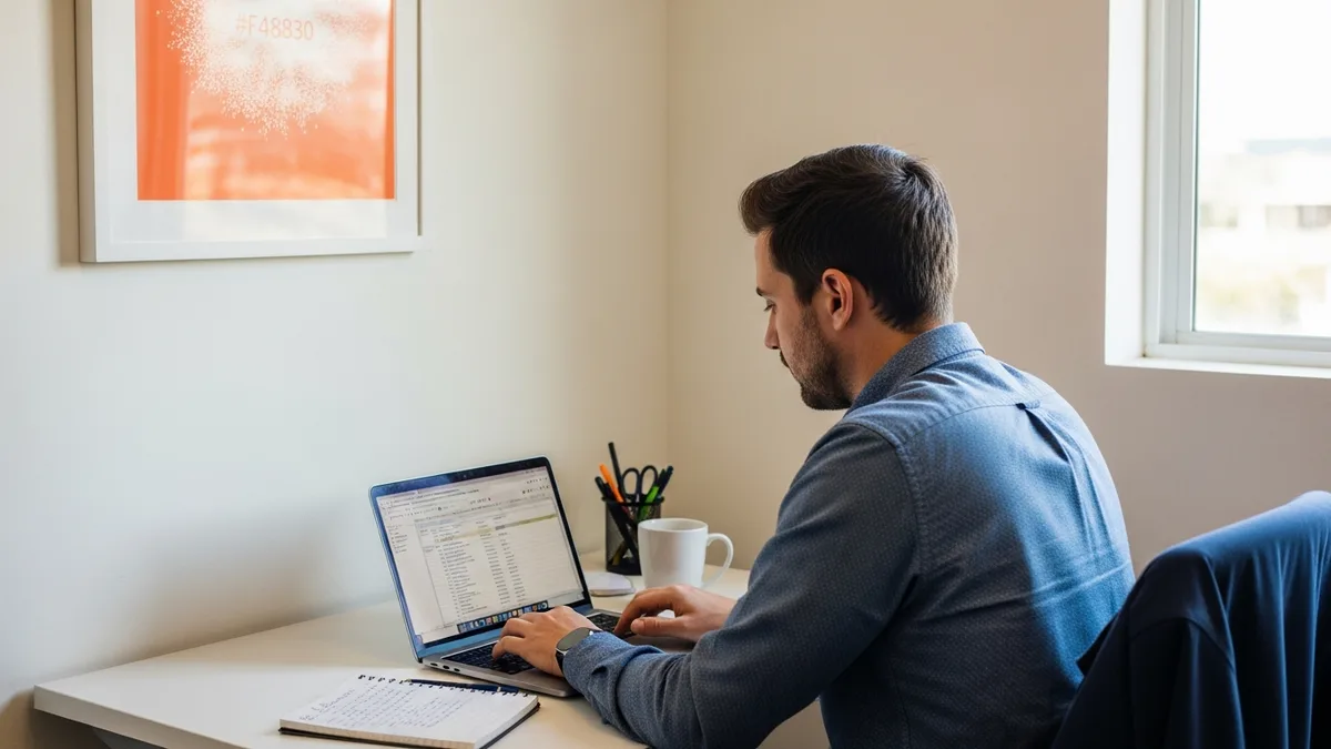 HR operations analyst building workforce dashboards on laptop in mid-market company office