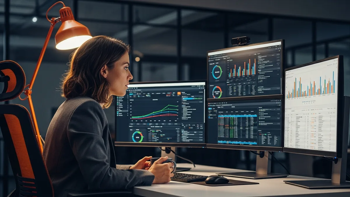 People analytics manager building predictive workforce models on a multi-monitor workstation