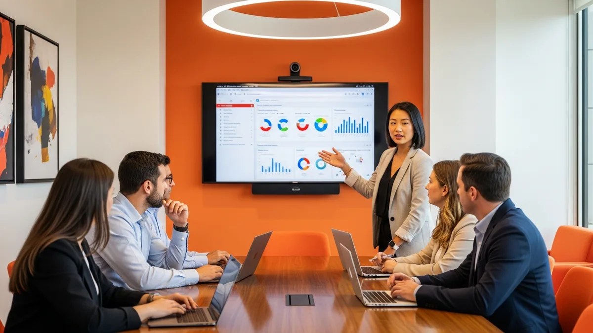 Workforce analytics team reviewing talent metrics dashboard in modern conference room