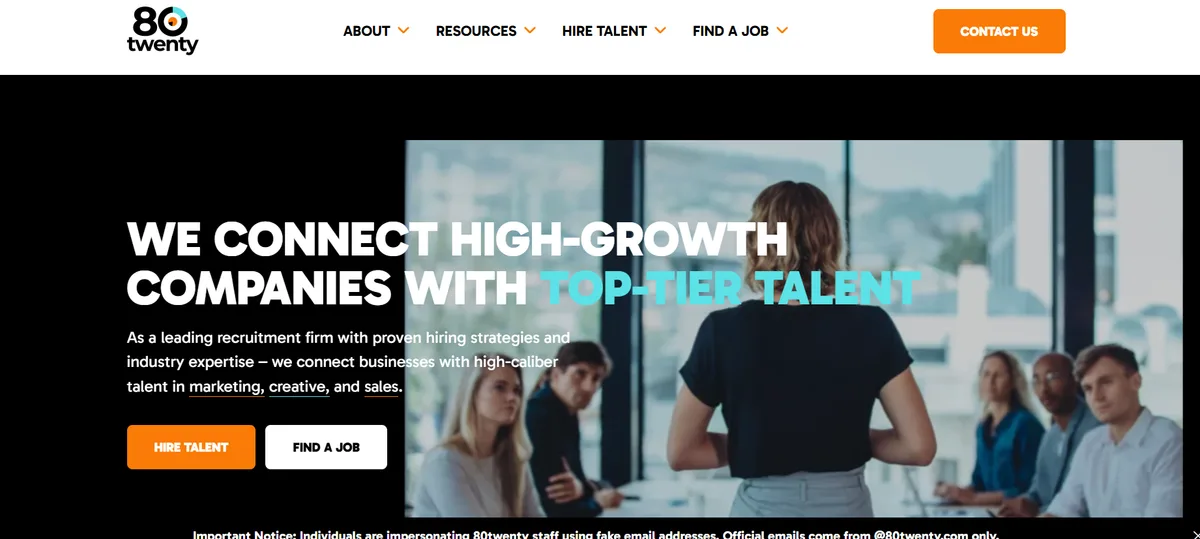 80Twenty San Francisco homepage screenshot showing We Connect High-Growth Companies With Top-Tier Talent tagline