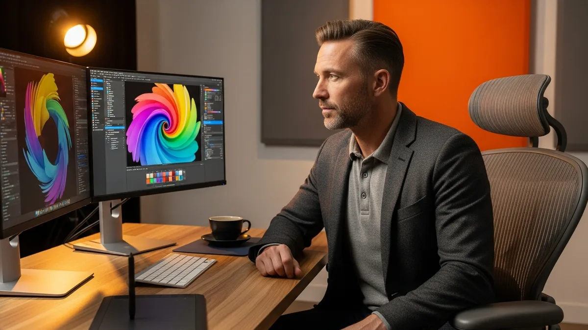 Creative director reviewing Adobe Creative Cloud apps and Figma alternatives on a multi-monitor workstation in 2026