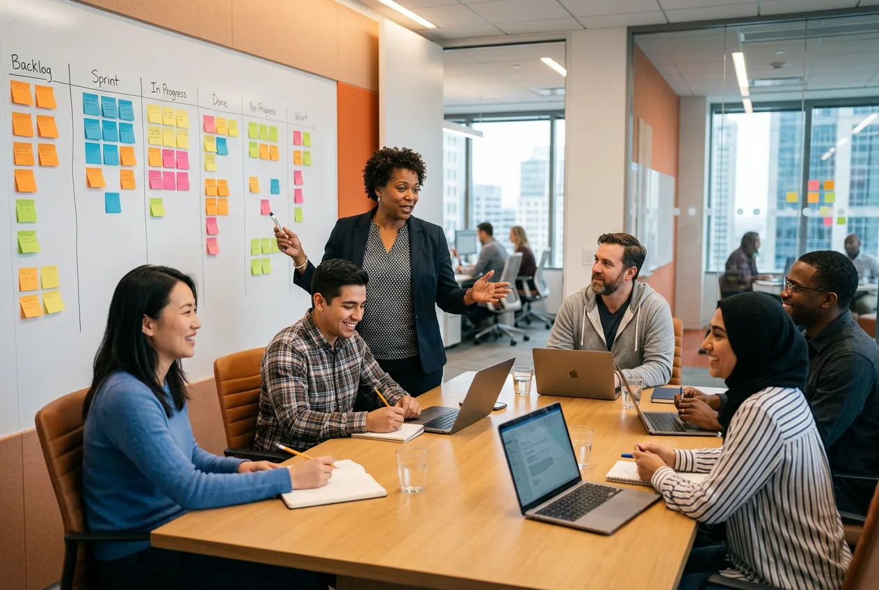 Agile coach leading a sprint planning workshop with development team members at a whiteboard