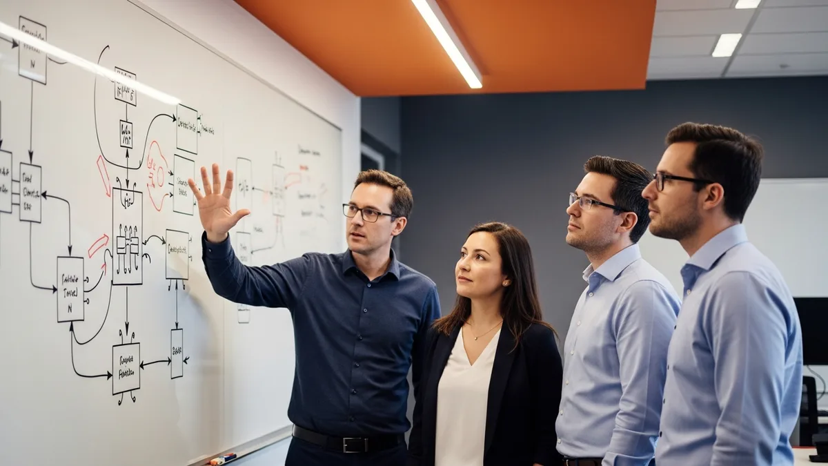 Engineering team collaborating around a chip design whiteboard at a semiconductor company in 2026