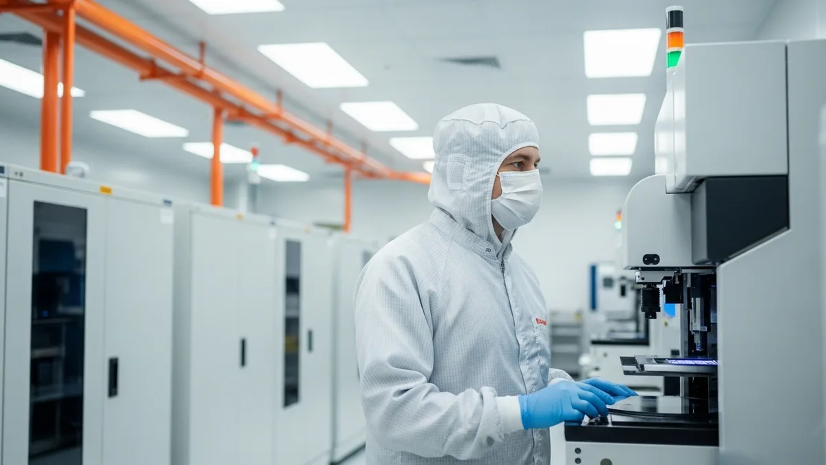 Semiconductor process engineer in cleanroom suit inspecting wafer fabrication equipment in 2026