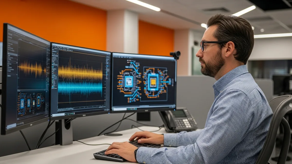 Senior semiconductor design engineer reviewing AMD Instinct accelerator layout on multi-monitor workstation in 2026