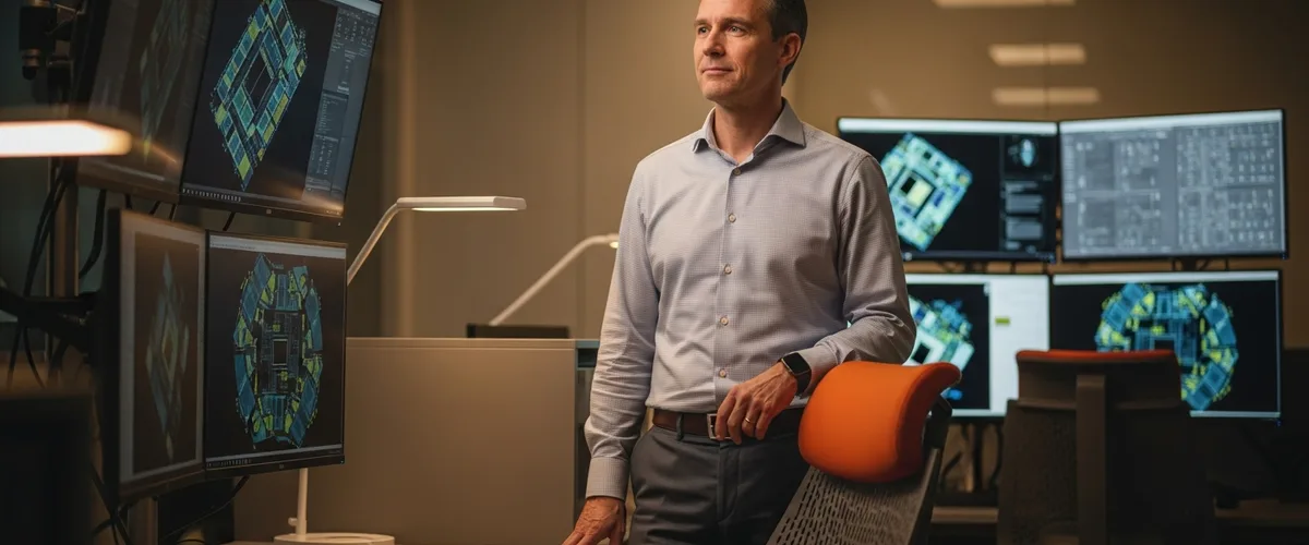Senior semiconductor engineer in modern chip design lab reviewing AMD Instinct accelerator layout during the 2026 talent reshuffle