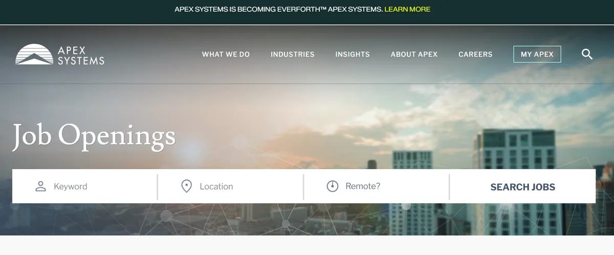 Apex Systems San Francisco homepage screenshot showing job openings with keyword and location search