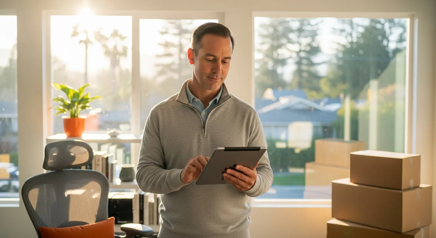 Senior displaced Apple engineer in a sunlit home office considering next role across Cupertino, Boulder, Bellevue, Orange County, and San Diego submarkets in 2026