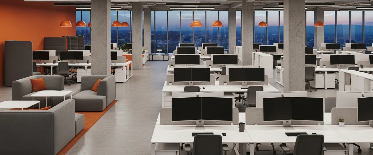 Modern empty engineering studio at dusk illustrating the 2026 Apple Vision Pro wind-down and Vision Products Group dissolution