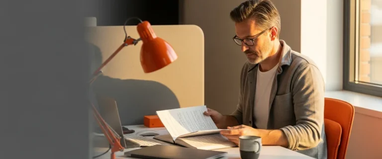 Senior software engineer at a window-side workstation in golden hour light reviewing job-search materials after the Atlassian 2026 layoffs