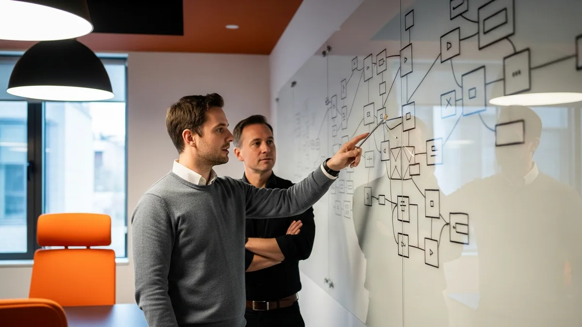 Two engineers reviewing a migration architecture diagram on a glass whiteboard during an Atlassian-to-alternative tooling transition in 2026