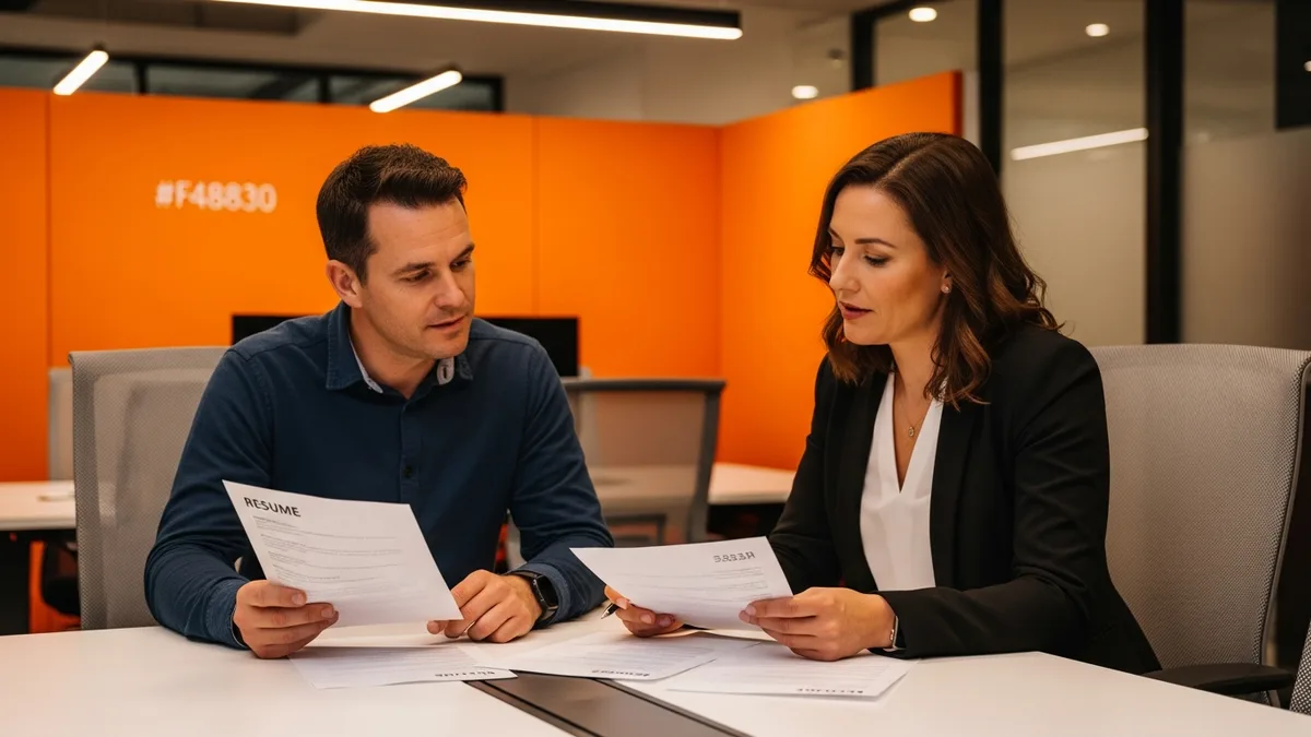 Two hiring managers reviewing displaced Atlassian engineer resumes at a conference table after the March 2026 Atlassian layoffs