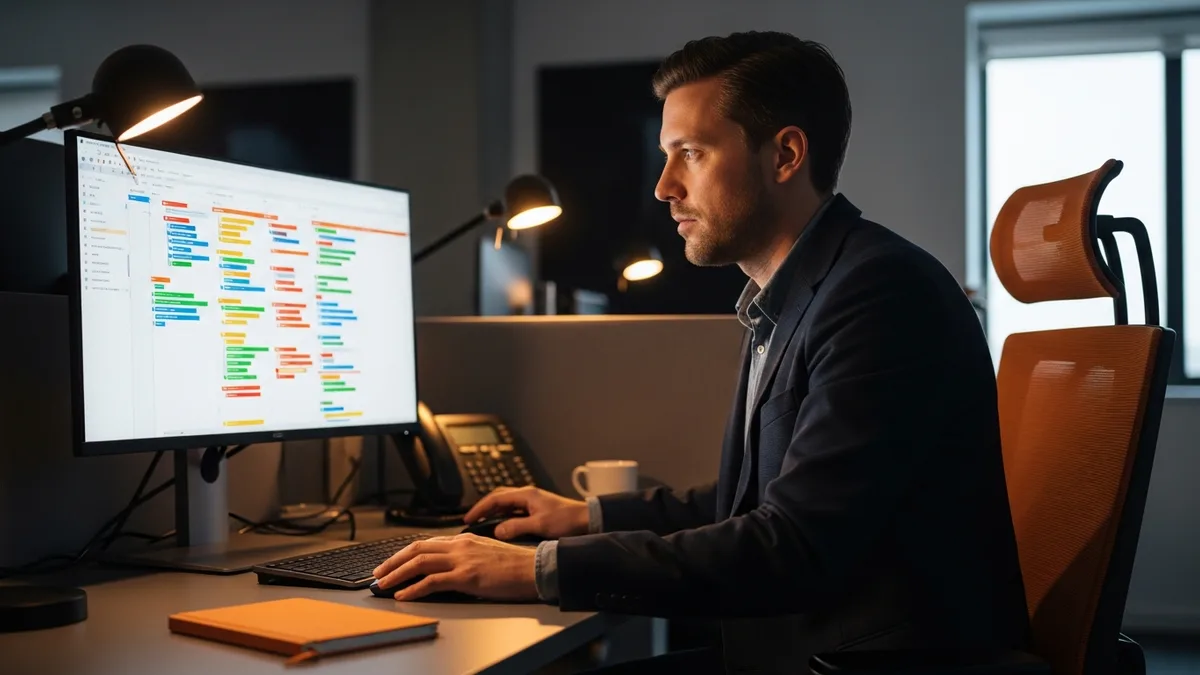Senior platform engineer reviewing a Jira-style kanban project tracking board during the Atlassian 2026 reorganization