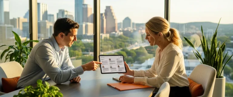 Business professionals reviewing candidate resumes on a tablet in an Austin office with the Austin Texas skyline visible through floor-to-ceiling windows