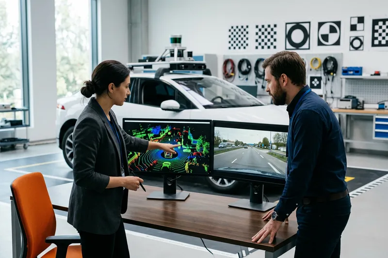 ADAS sensor-fusion engineer reviewing a LiDAR point cloud and forward-camera stream on dual monitors next to a vehicle camera-calibration rig with reference targets, modern automotive perception lab