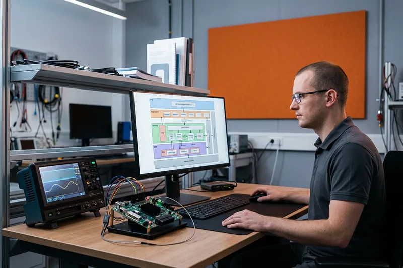 Automotive embedded software engineer at a workstation reviewing AUTOSAR architecture diagrams and an ECU debug board with a logic analyzer attached, professional automotive research and development lab with controlled lighting