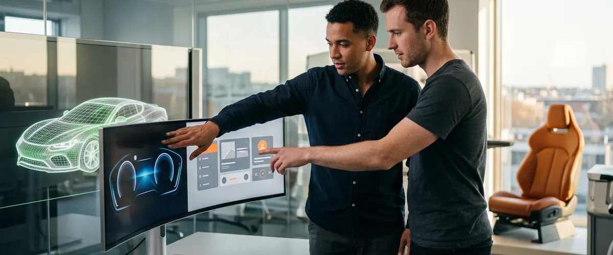 Automotive software engineers reviewing a digital instrument cluster and infotainment HMI on a curved display, modern vehicle design studio with an orange leather concept seat in the background